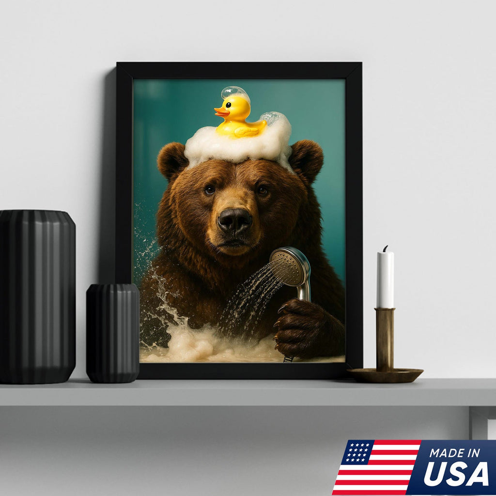 Funny Bear Bathroom Wall Art Canvas – Cute Bear Bubble Bath with Rubber Duck