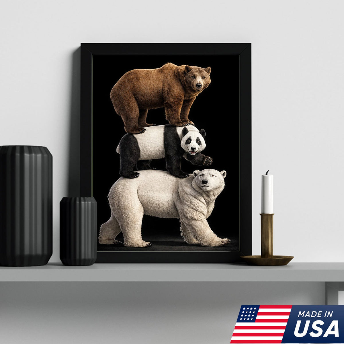 Stacked Bears Canvas Wall Art, Brown Bear Panda Polar Bear Totem Illustration