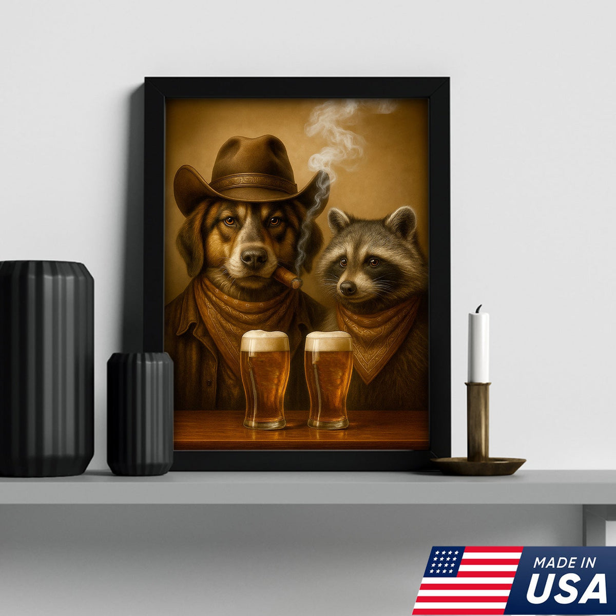 Funny Dog & Raccoon Cowboy Canvas Wall Art – Funny Western Beer Decor for Hunters