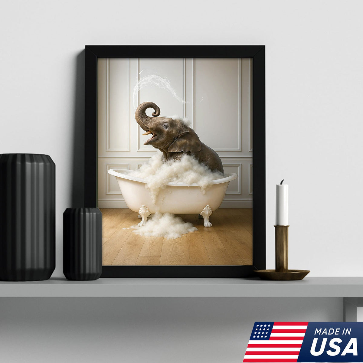 Elephant Bubble Bath Bathroom Wall Art Canvas, Funny Animal in Bathtub Bathroom Decor