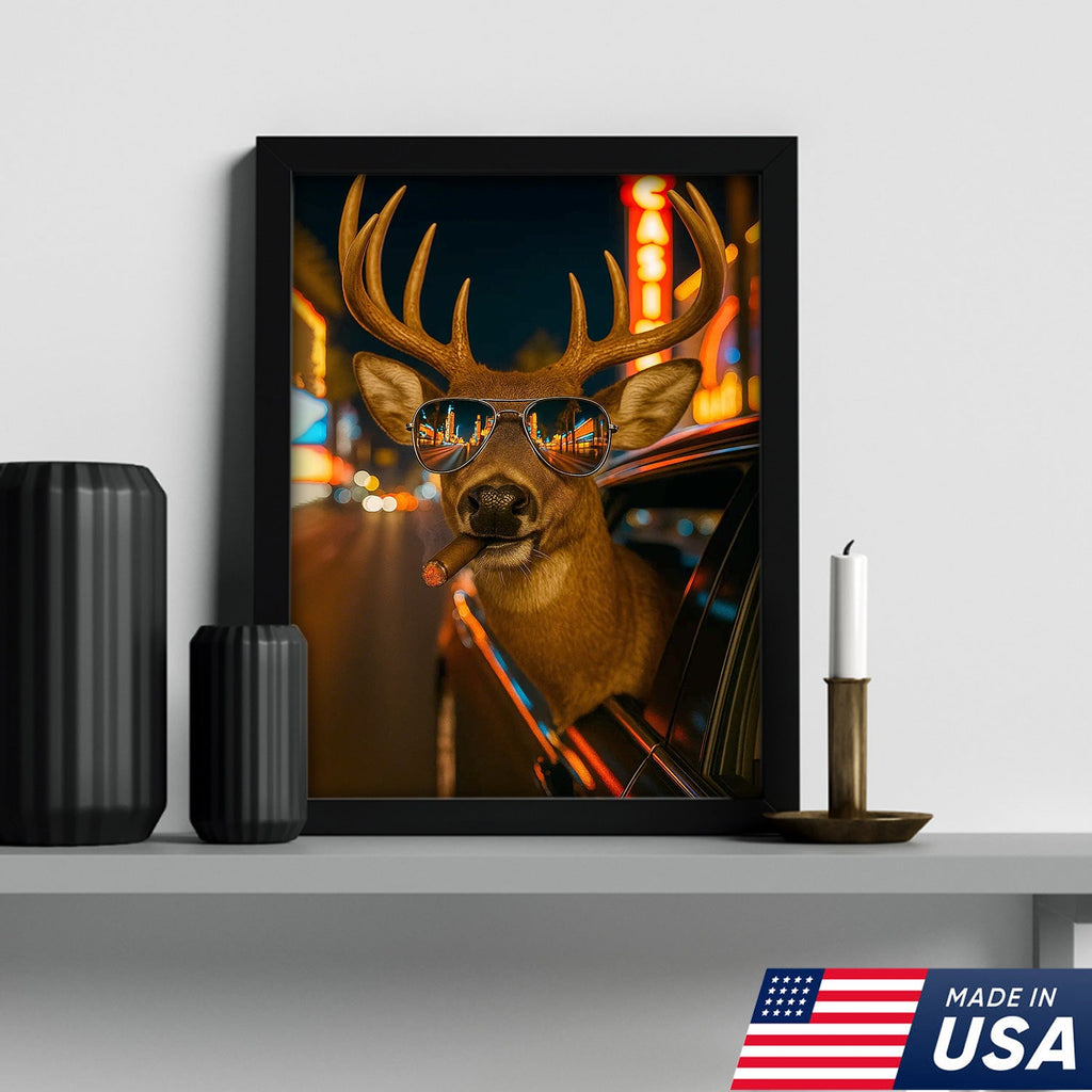 Cool Deer Canvas Wall Art - Funny Rustic Lodge Decor with Sunglasses and Night City Vibes