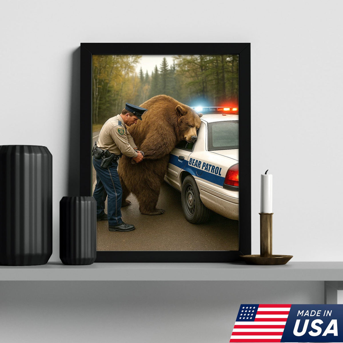 Funny Bear Patrol Canvas Wall Art, Humorous Wildlife Police Artwork, Rustic Cabin Decor