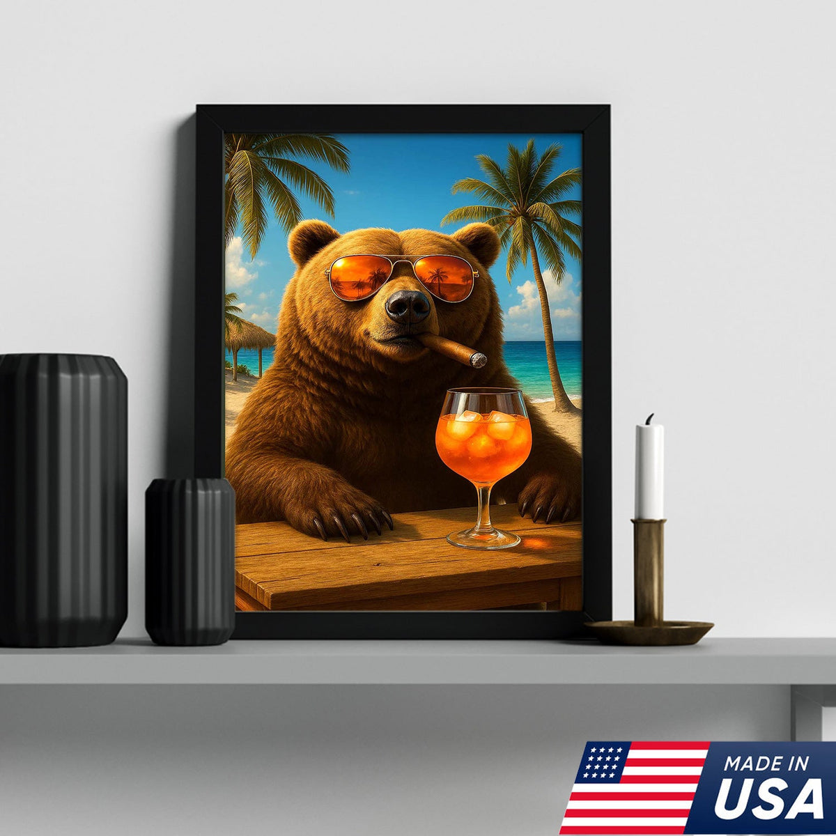 Beach Bear Wall Art Canvas, Cool Sunglasses Bear Tropical Vacation Decor