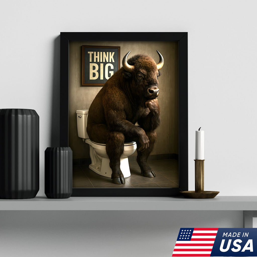 Funny Buffalo Bathroom Wall Art – Think Big Bison Canvas, Rustic Farmhouse Animal Decor