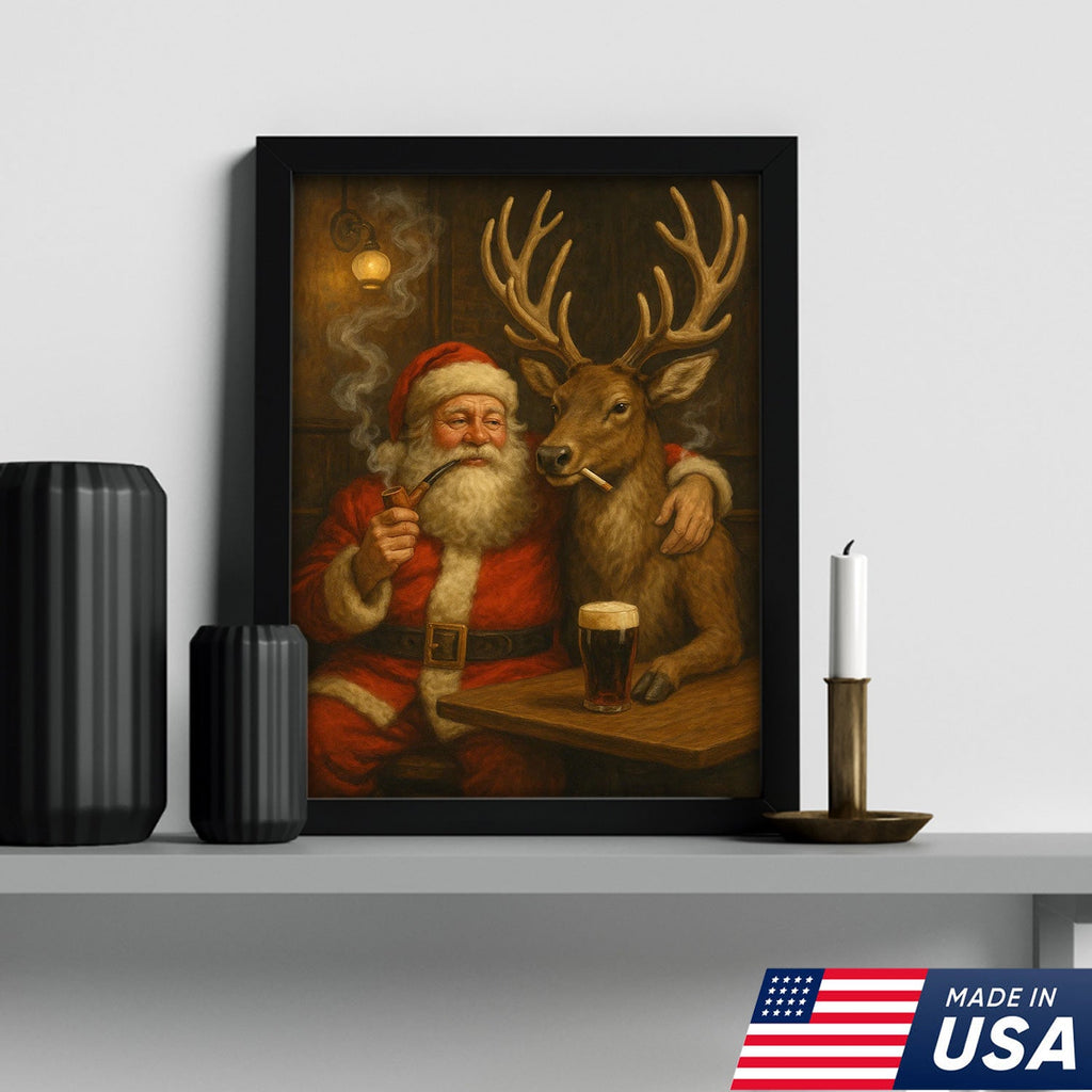 Funny Santa and Reindeer Wall Art Canvas – Rustic Christmas Lodge Decor
