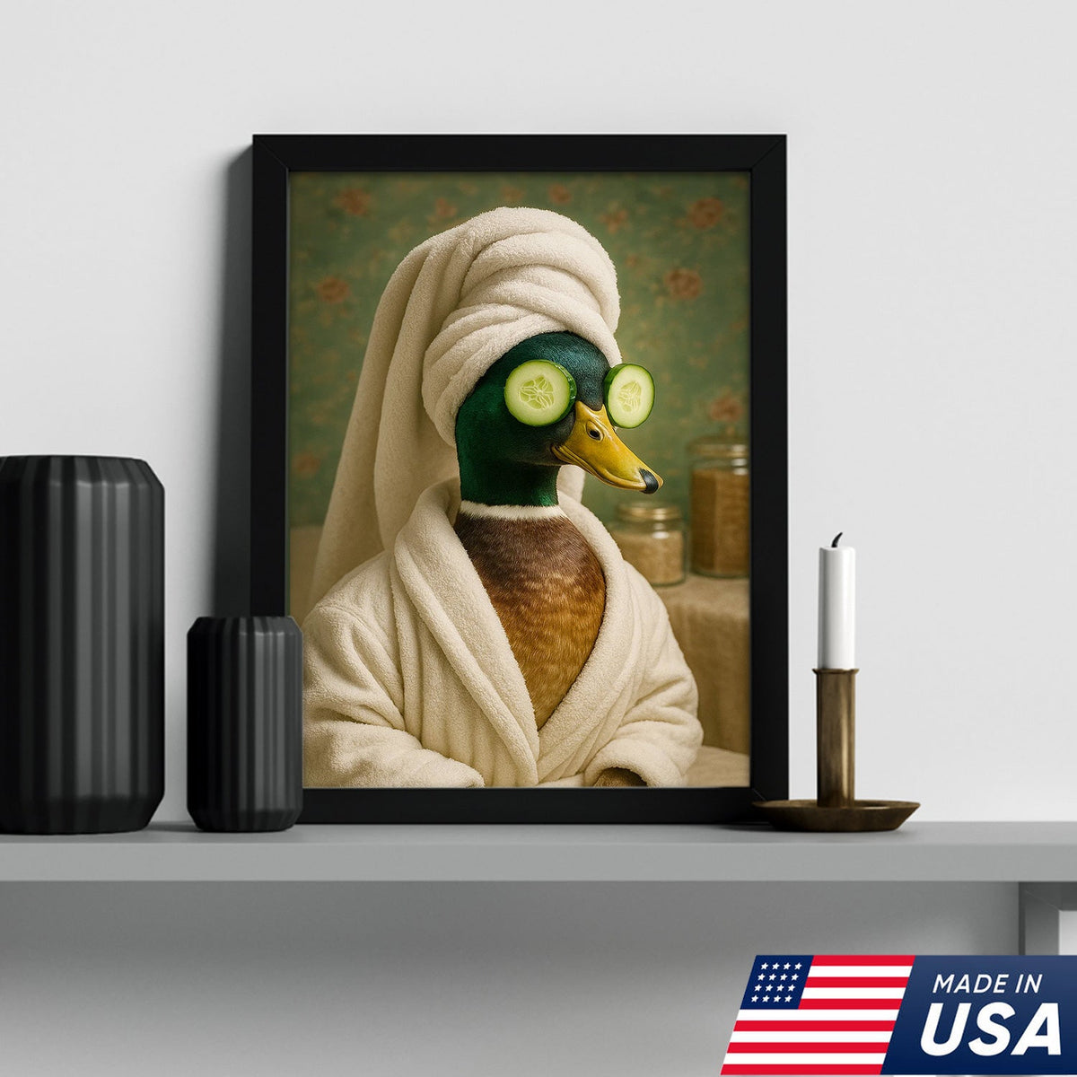 Spa Day Duck Canvas Wall Art, Funny Bathroom Spa Decor, Mallard in Robe with Cucumber Eyes