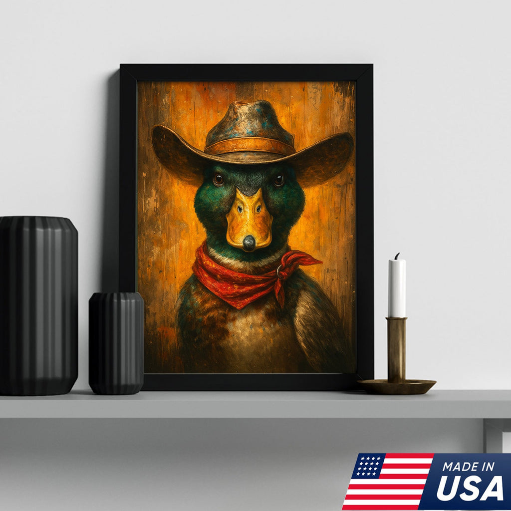 Cowboy Duck Portrait Canvas – Rustic Western Wall Art for Man Cave & Lodge Decor