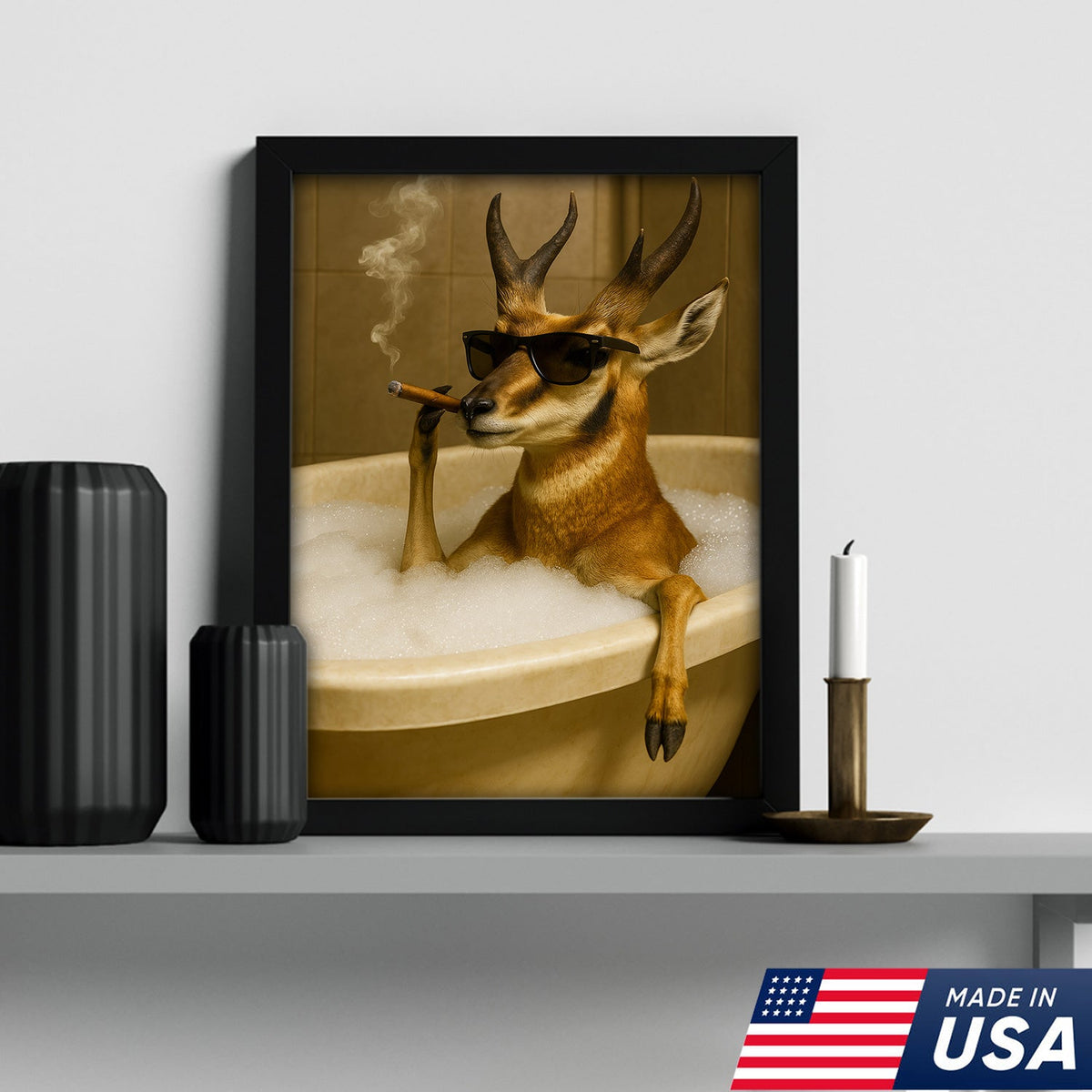 Funny Pronghorn Antelope Smoking Canvas Wall Art – Cool Bathtub & Cigar Gift for Hunters