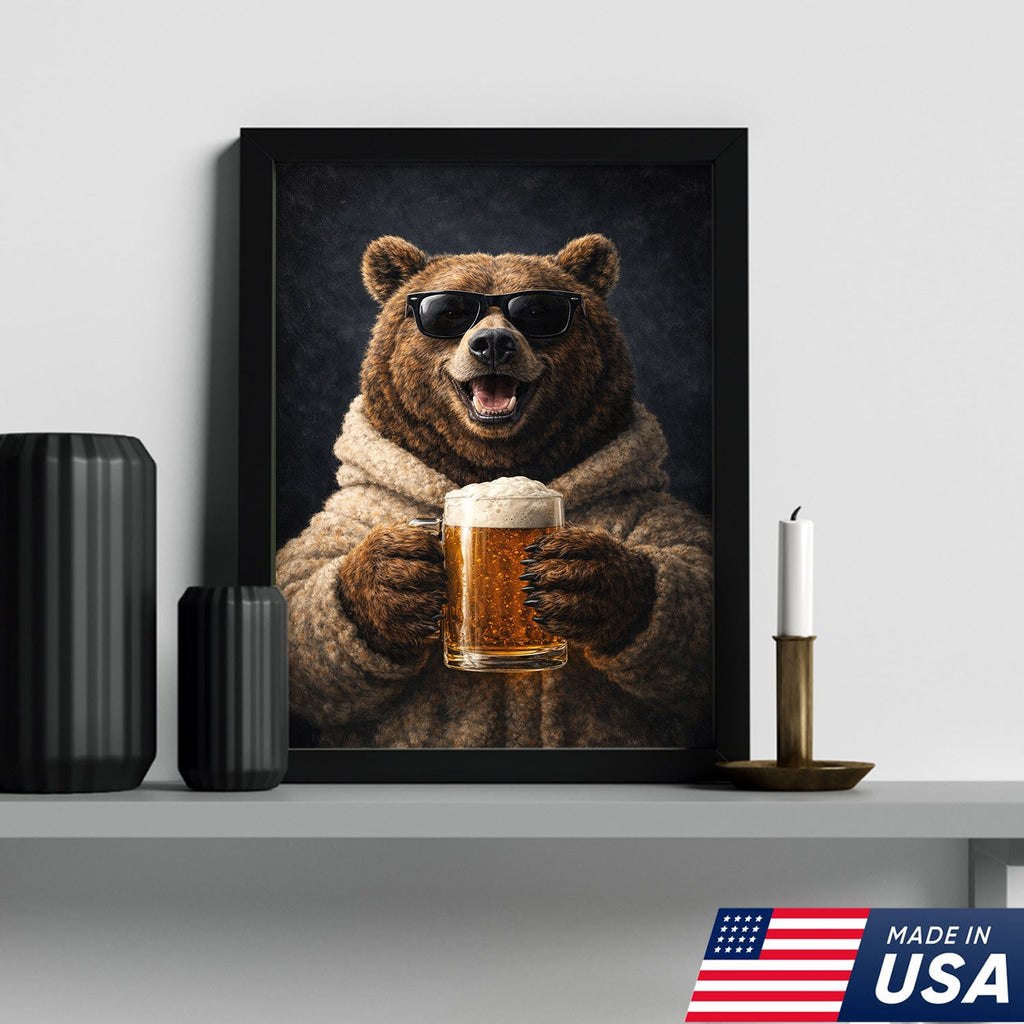 Funny Beer Bear Canvas Print Gift for Him Dad Husband Man Cave Decor