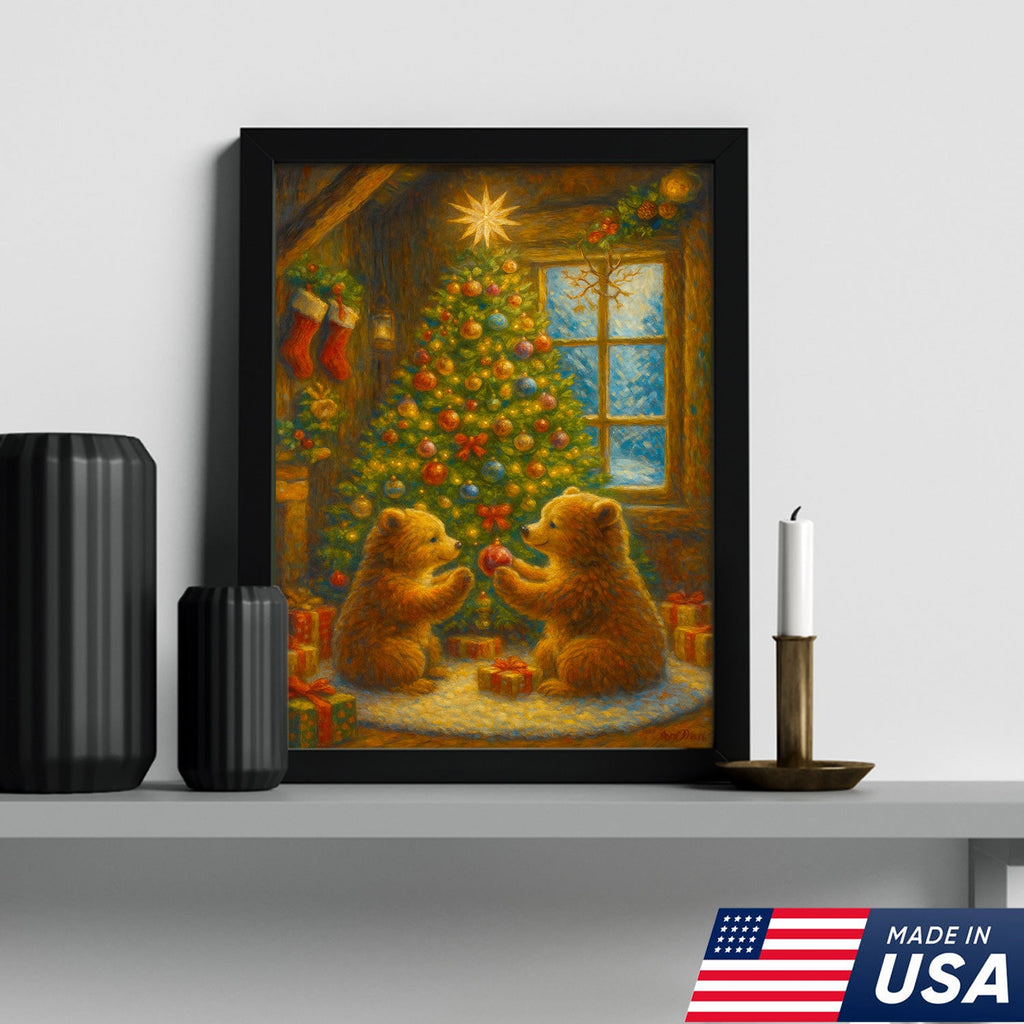 Christmas Bear Cubs Wall Art Canvas — Cozy Holiday Tree Scene, Cute Winter Animal Wall Decor