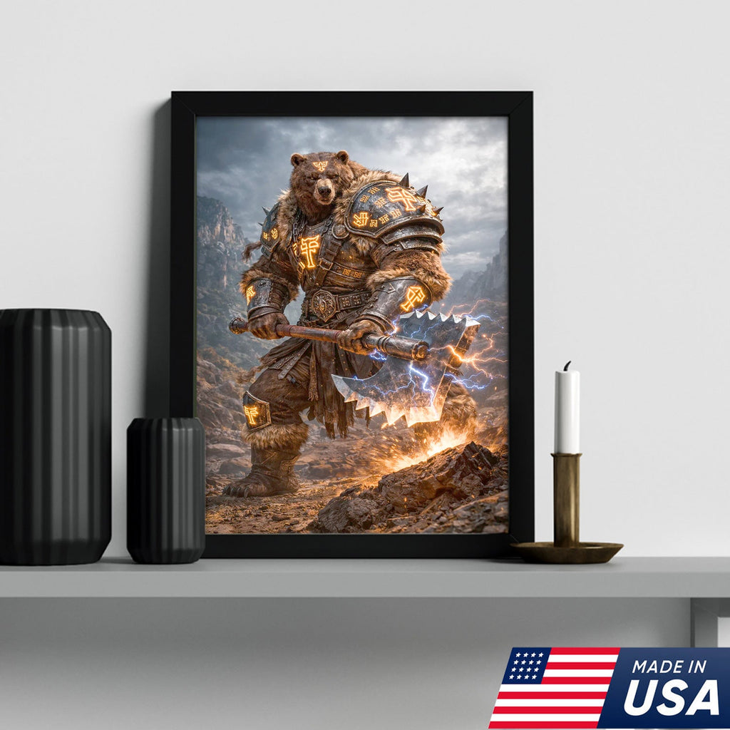 Thunder Rune Bear Canvas Wall Art – Epic Fantasy Warrior with Lightning Axe