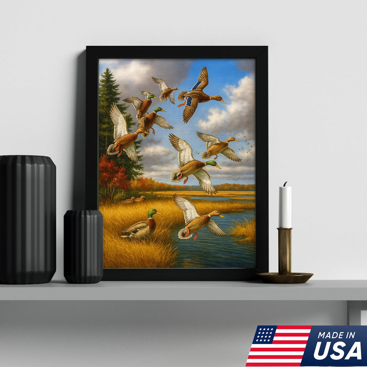 Mallard Ducks Flying Wall Art Canvas – Vintage Waterfowl Hunting Scene Canvas for Outdoorsmen