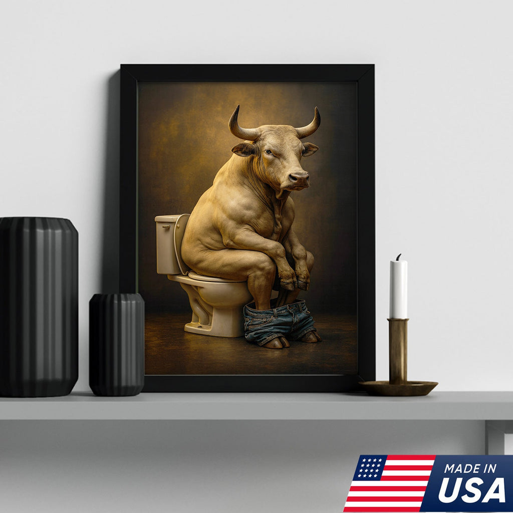 Funny Bull on Toilet Wall Art Canvas – Hilarious Farmhouse Bathroom Decor for Men & Guests