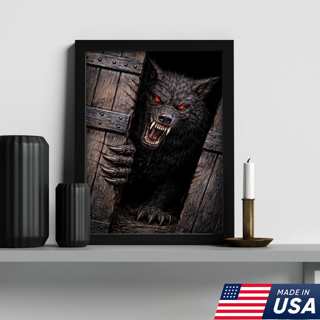 Angry Red Eyes Werewolf Canvas Wall Art, Dark Horror Wolf Monster Illustration