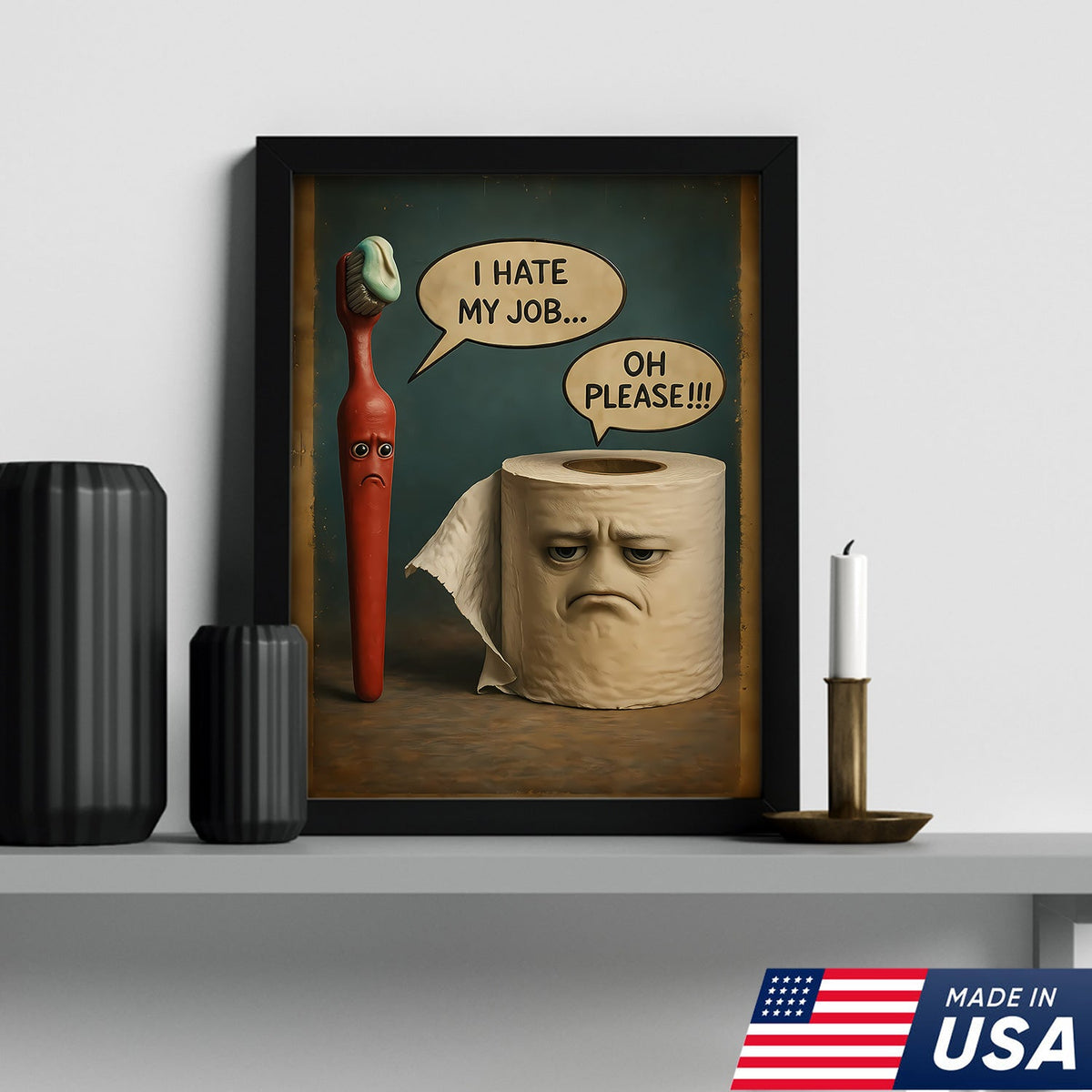Funny Bathroom Humor Canvas Wall Art, Talking Toothbrush and Toilet Paper Print