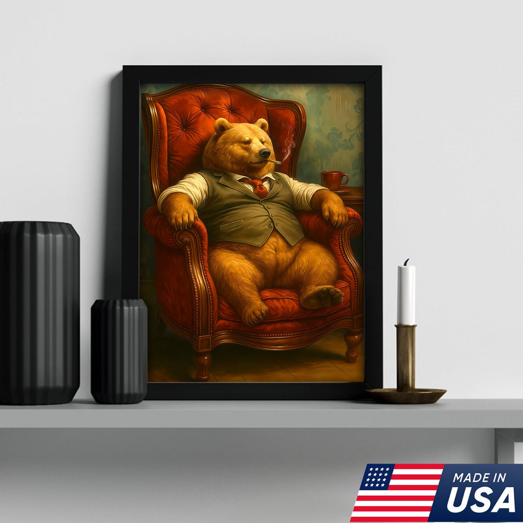 Gentleman Bear Sitting in Chair Canvas Art – Funny Gift for Men Who Love Class & Chill Vibes