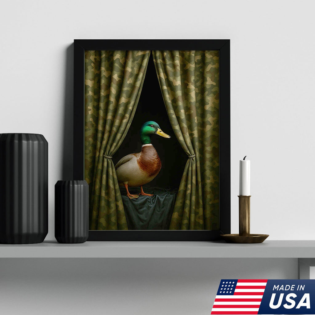 Duck Behind Camo Curtain Canvas Wall Art, Funny Hunting Lodge Decor, Rustic Wildlife Artwork