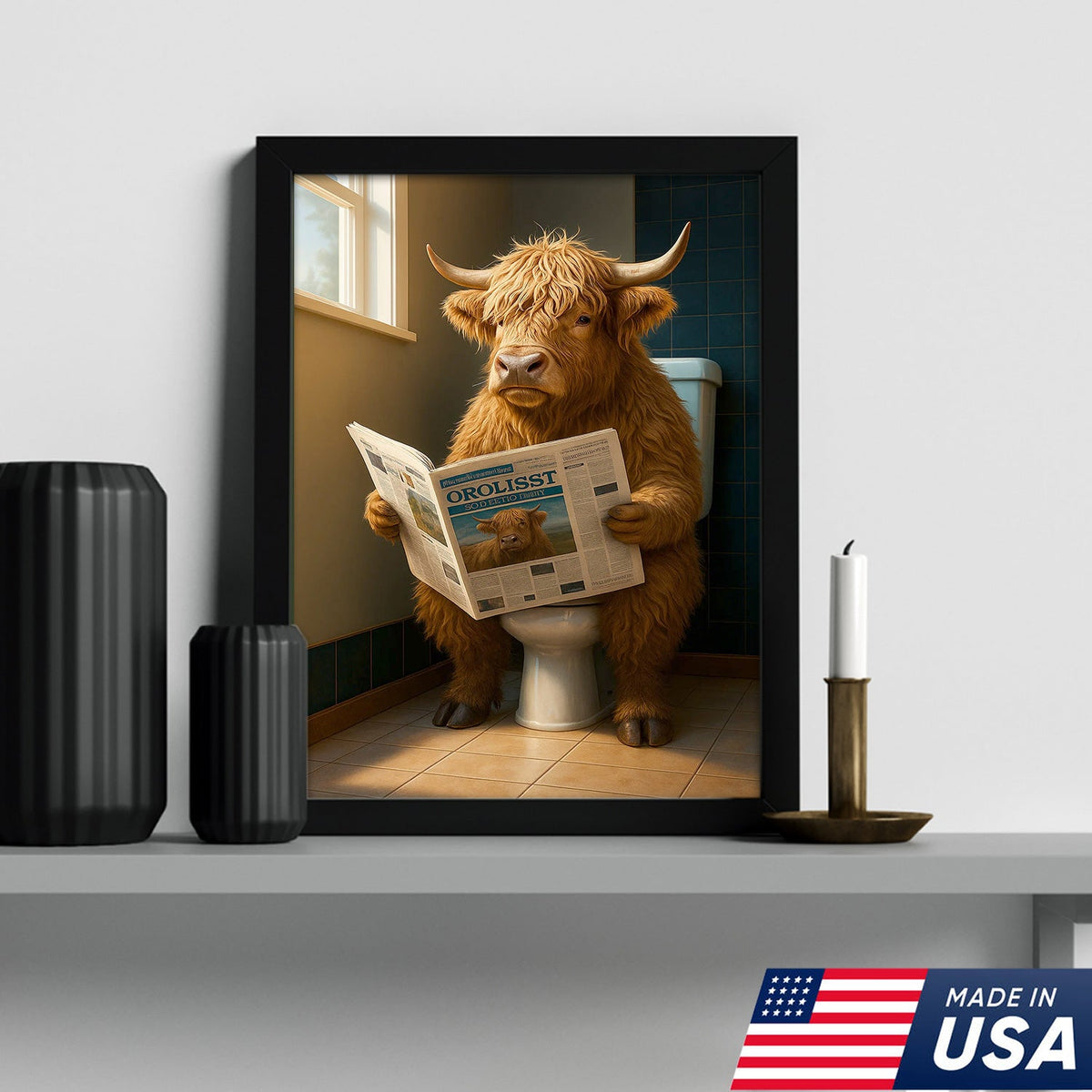 Highland Cow Bathroom Canvas Wall Art, Funny Farmhouse Restroom Decor