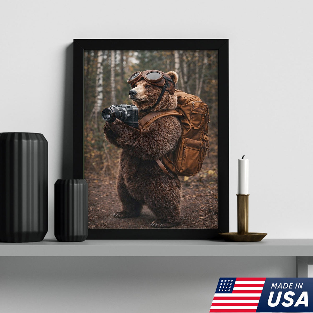 Adventure Bear Photographer Canvas Wall Art – Realistic Wildlife Explorer Print