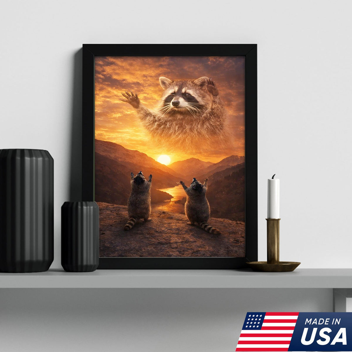 Funny Raccoon God Sunset Canvas Wall Art, Raccoon Worship Mountain Landscape