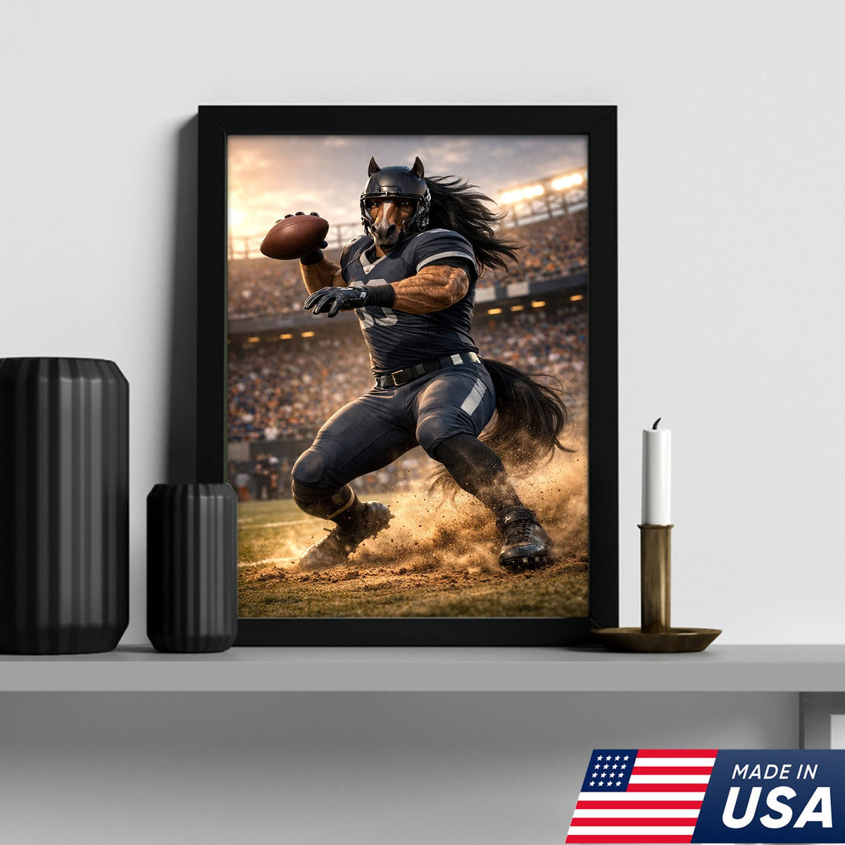 Dark Stallion Football Canvas Wall Art – Powerful Horse Athlete Stadium Action Print