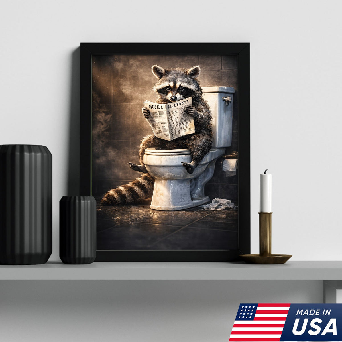 Funny Raccoon Toilet Reading Canvas – Quirky Bathroom Humor Wall Art