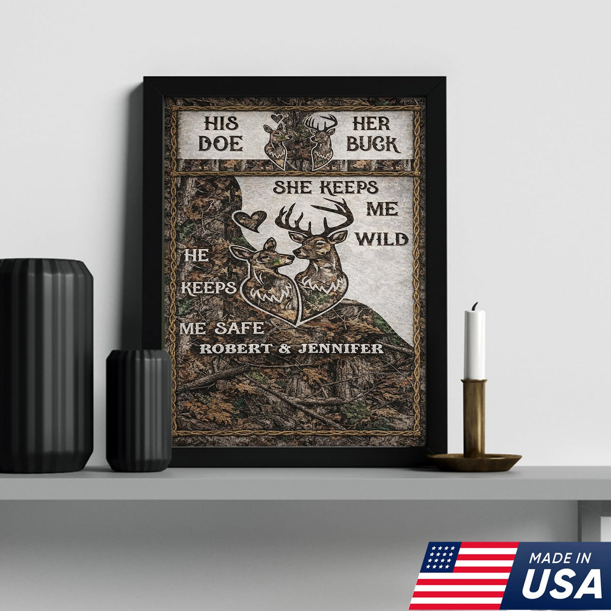 Personalized His Doe Her Buck Canvas Wall Art, Rustic Deer Couple Love Quote Artwork