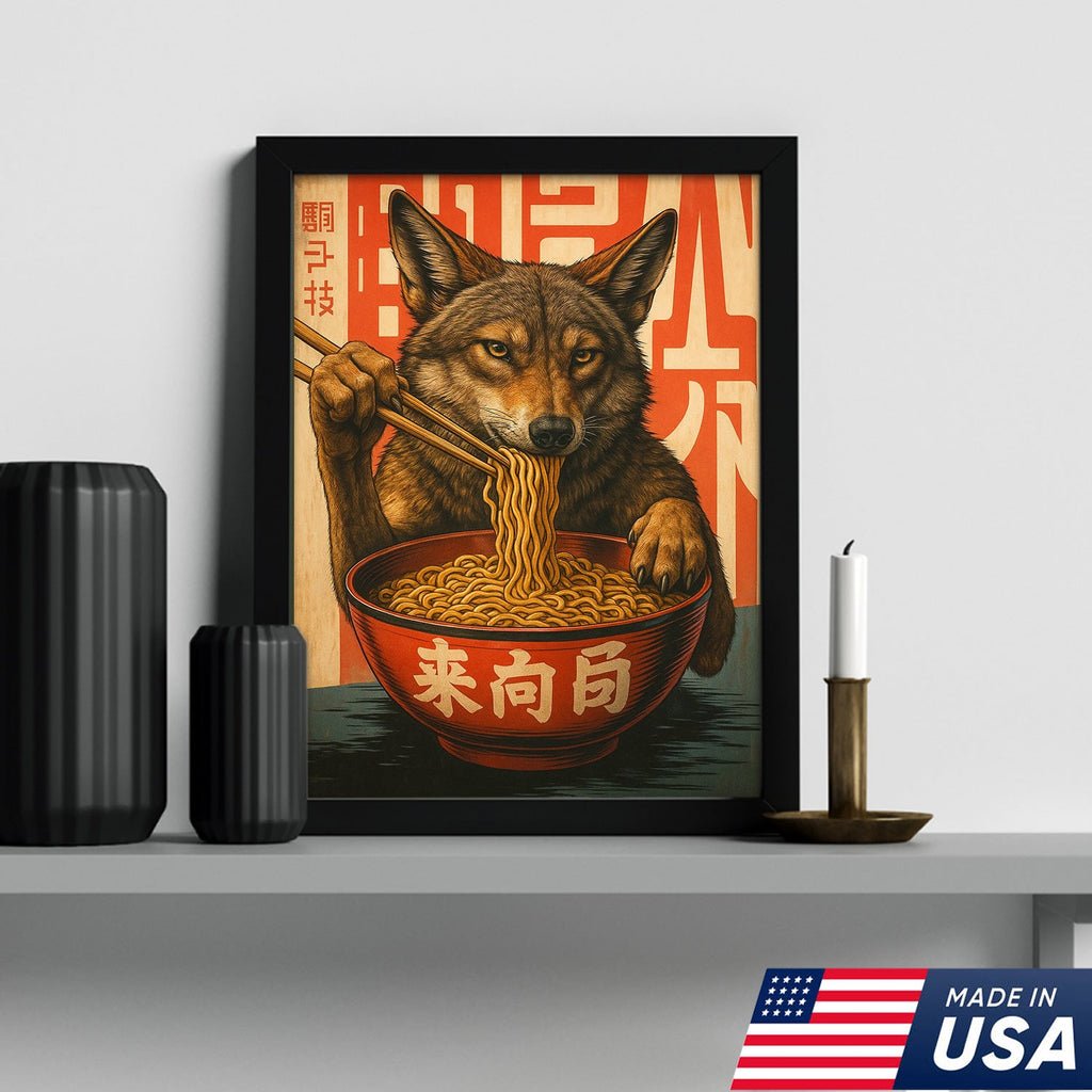 Funny Wolf Coyote Eating Ramen Canvas Wall Art, Quirky Animal Kitchen Decor