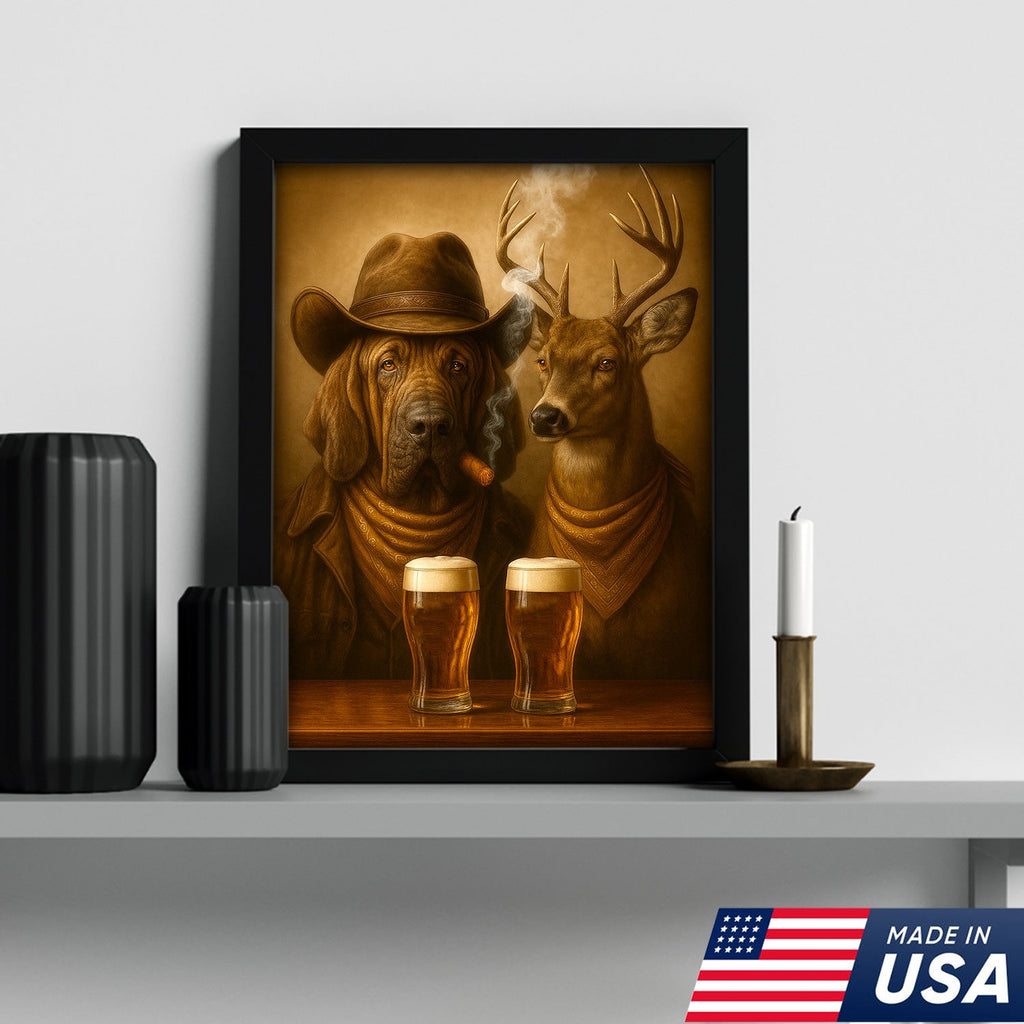 Funny Dog & Deer Cowboy Canvas Wall Art – Funny Rustic Beer Decor for Hunters
