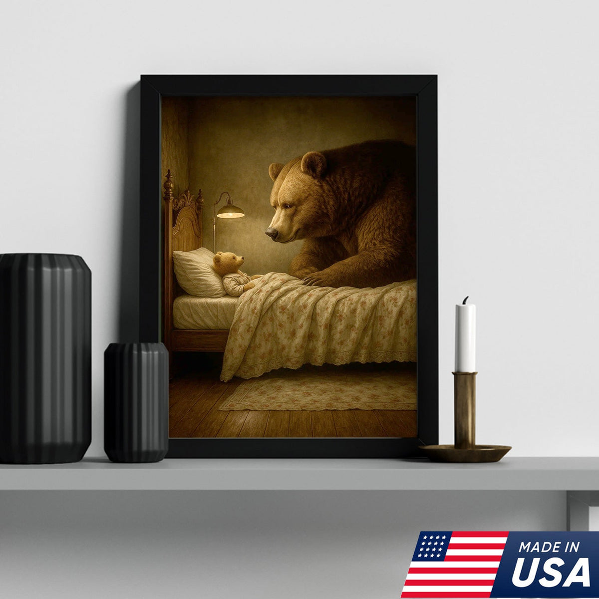 Mother Bear and Cub Canvas Wall Art, Whimsical Bedtime Wildlife Artwork