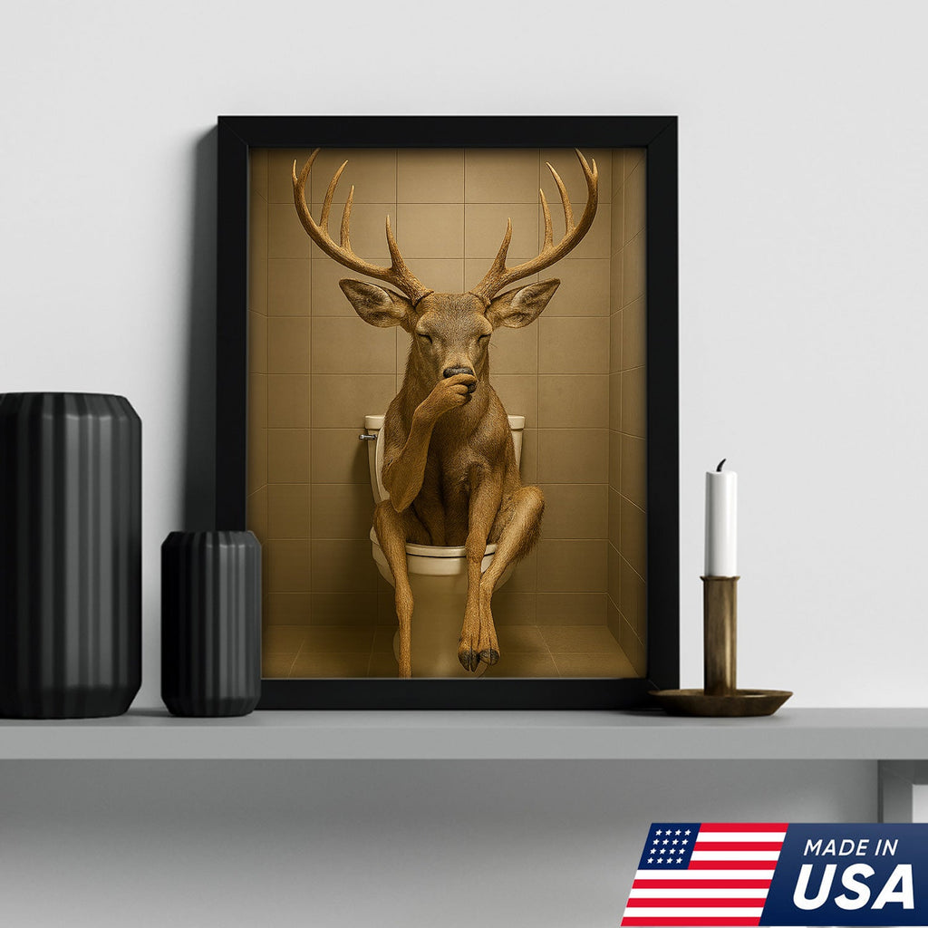 Funny Deer Bathroom Canvas Wall Art – Rustic Toilet Canvas for Cabin, Lodge & Man Cave Decor