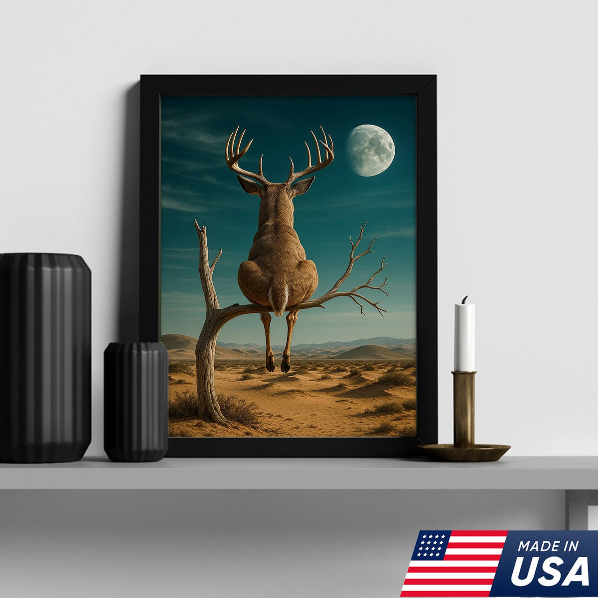 Funny Deer Moon Canvas, Whitetail Buck Sitting on Tree Wall Art, Humorous Hunter Gift