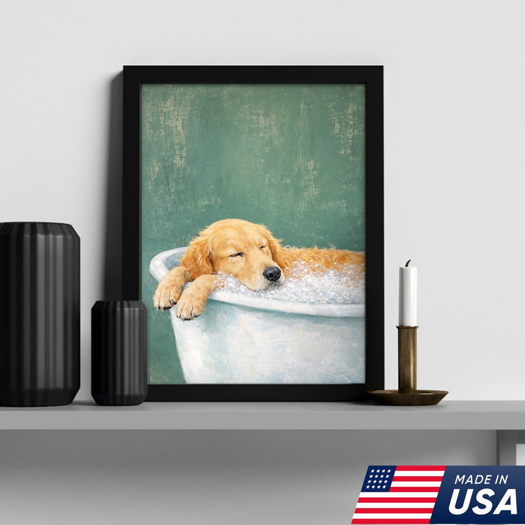Golden Retriever Bath Canvas Wall Art, Cute Dog Bathroom Decor