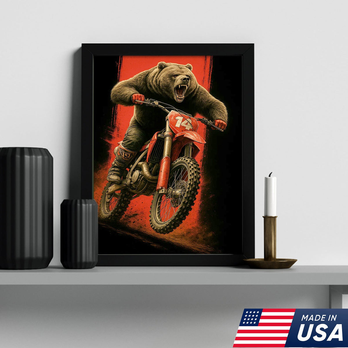 Motocross Bear Wall Art Canvas, Fierce Dirt Bike Racing Bear Print