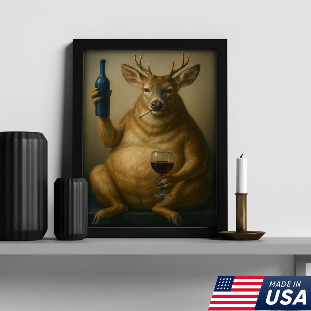 Funny Deer Wall Art Canvas – Fat Buck with Wine Glass Rustic Lodge Decor