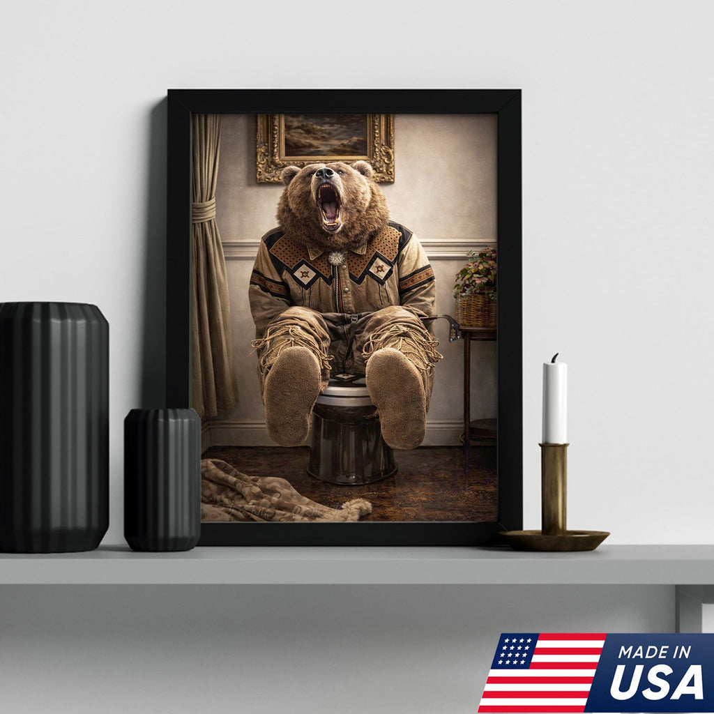 Funny Bear Bathroom Canvas Wall Art – Western Bear On Toilet