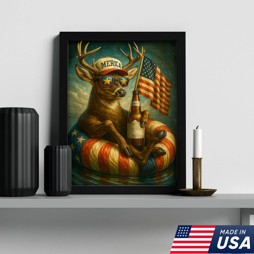 Patriotic Deer Wall Art Canvas – Funny American Flag Wall Art, Man Cave & Rustic Cabin Decor