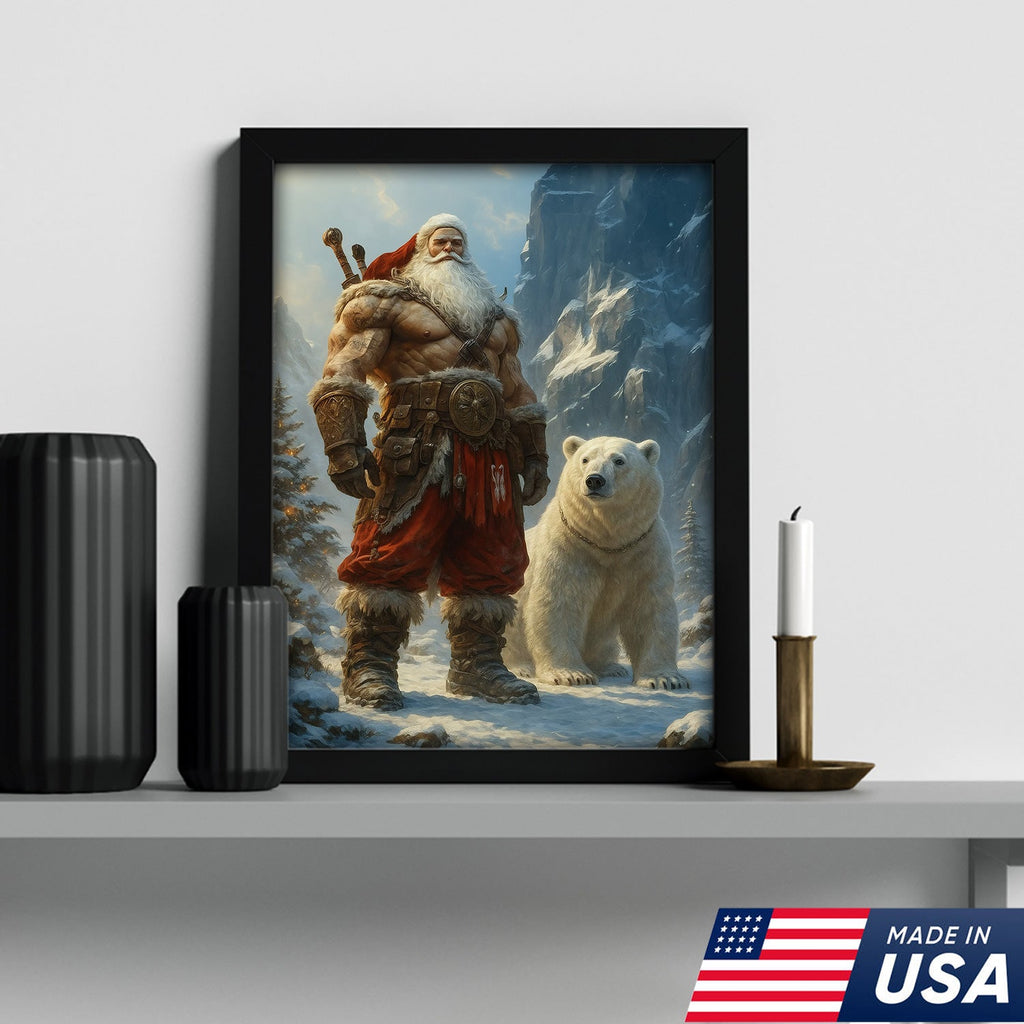 Viking Santa with Polar Bear Canvas Wall Art, Epic Christmas Warrior Decor