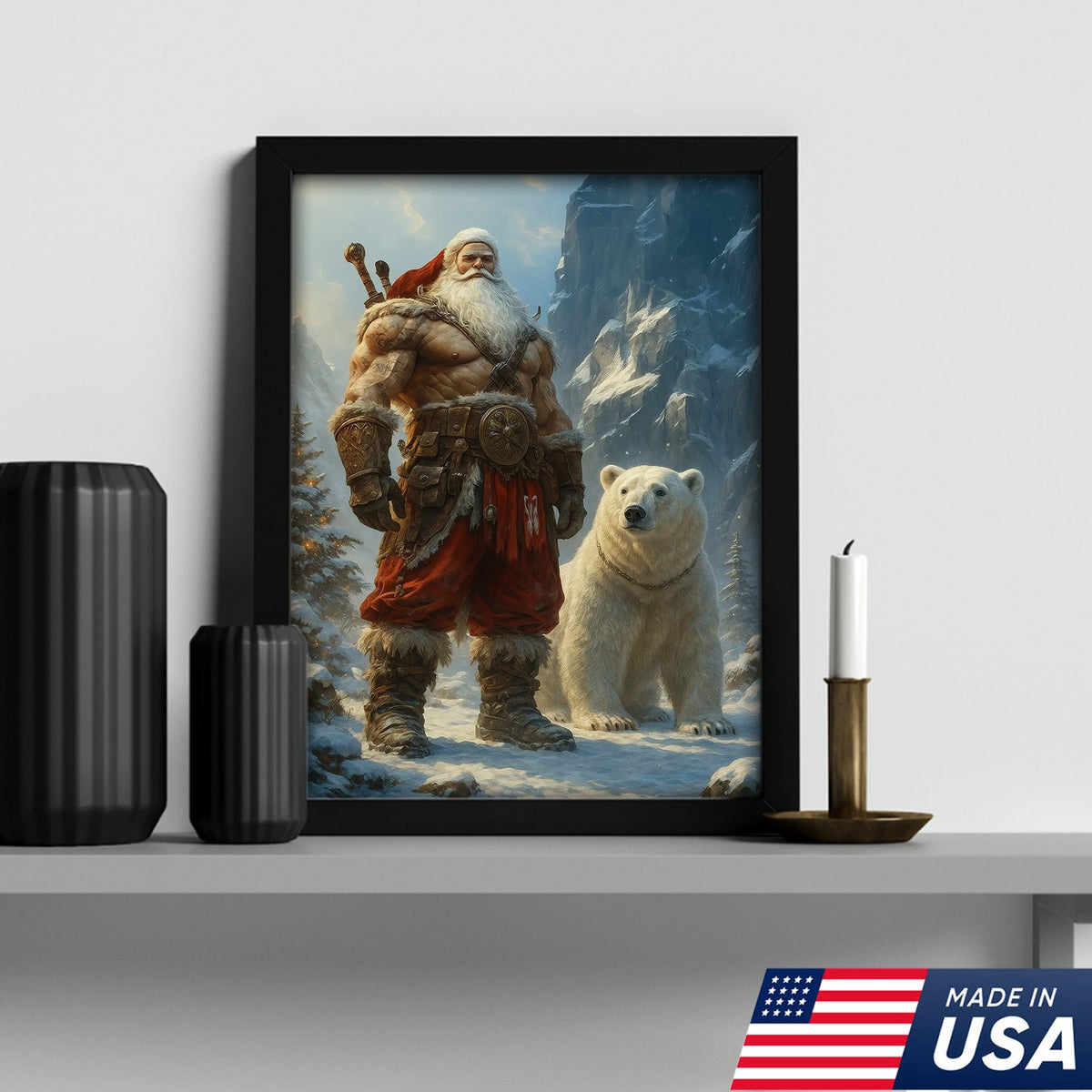 Viking Santa with Polar Bear Canvas Wall Art, Epic Christmas Warrior Decor