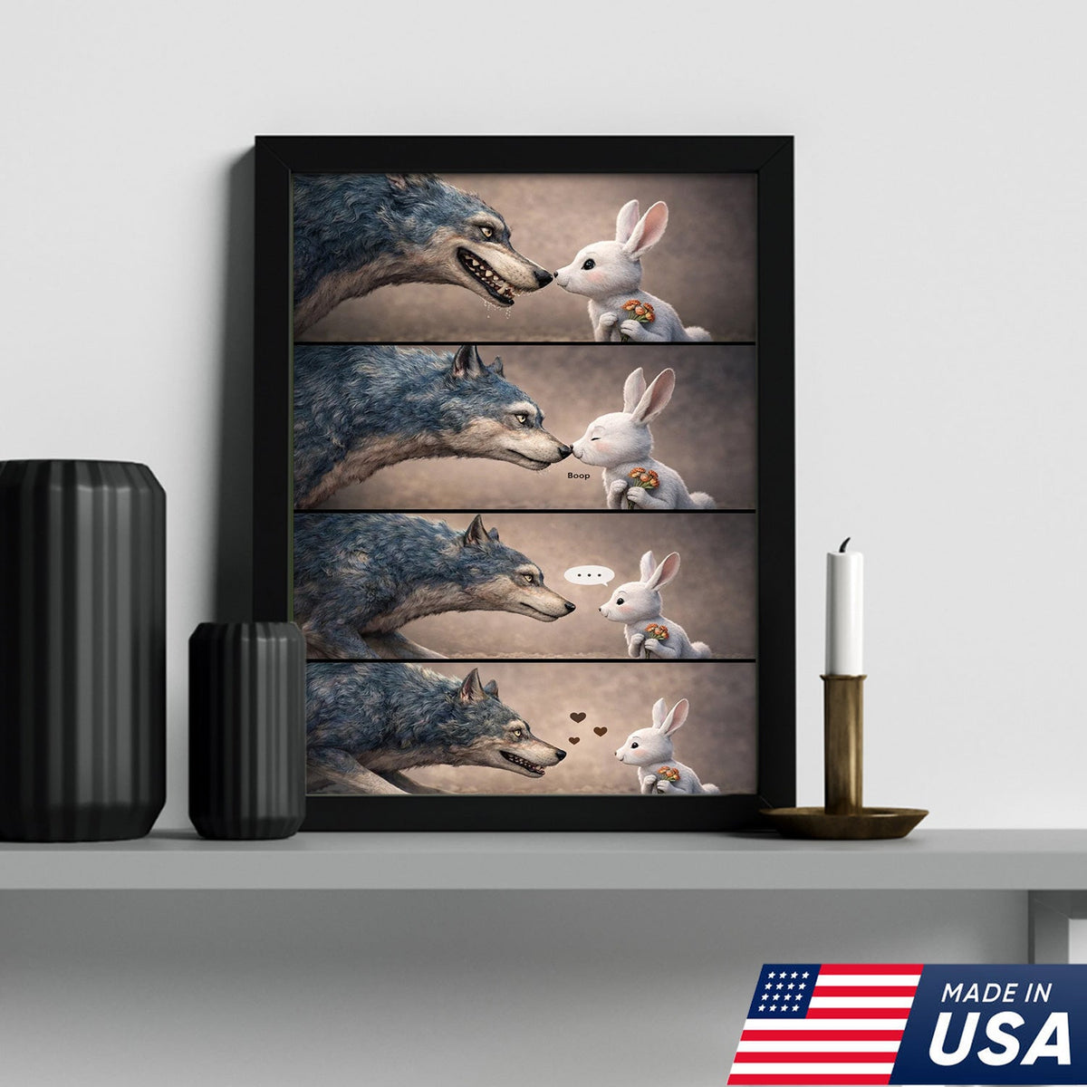 Cute Wolf and Bunny Comic Canvas Print, Whimsical Animal Love Story Wall Art Decor