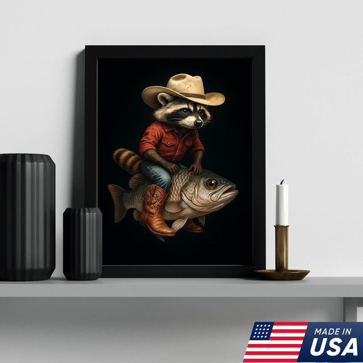 Cowboy Raccoon Riding Fish Canvas – Surreal Western Wall Art for Man Cave Decor