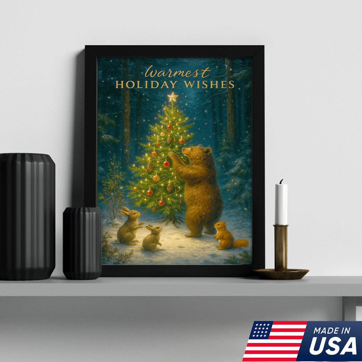 Warmest Holiday Wishes Woodland Christmas Art – Cute Bear & Forest Animals Wall Print