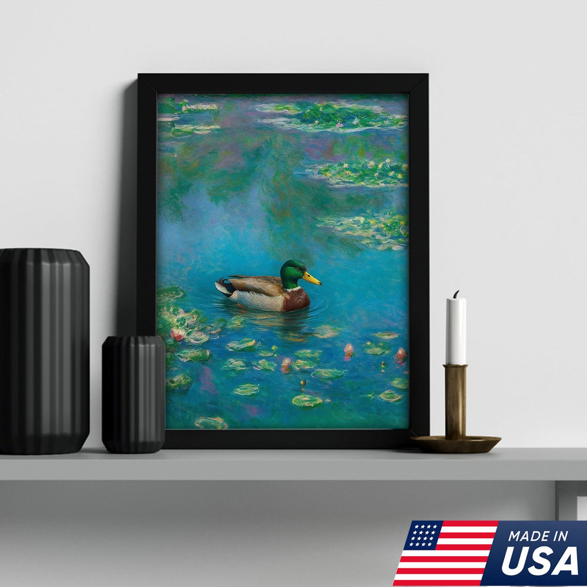 Serene Duck Pond Canvas Wall Art – Tranquil Mallard Painting – Rustic Cabin and Lodge Decor