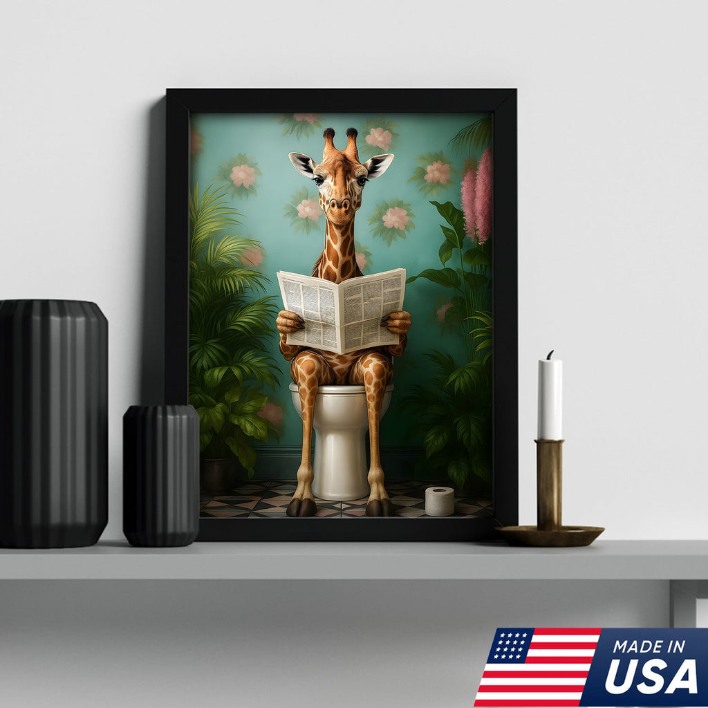 Funny Giraffe Bathroom Canvas Wall Art, Whimsical Animal Reading Newspaper Print