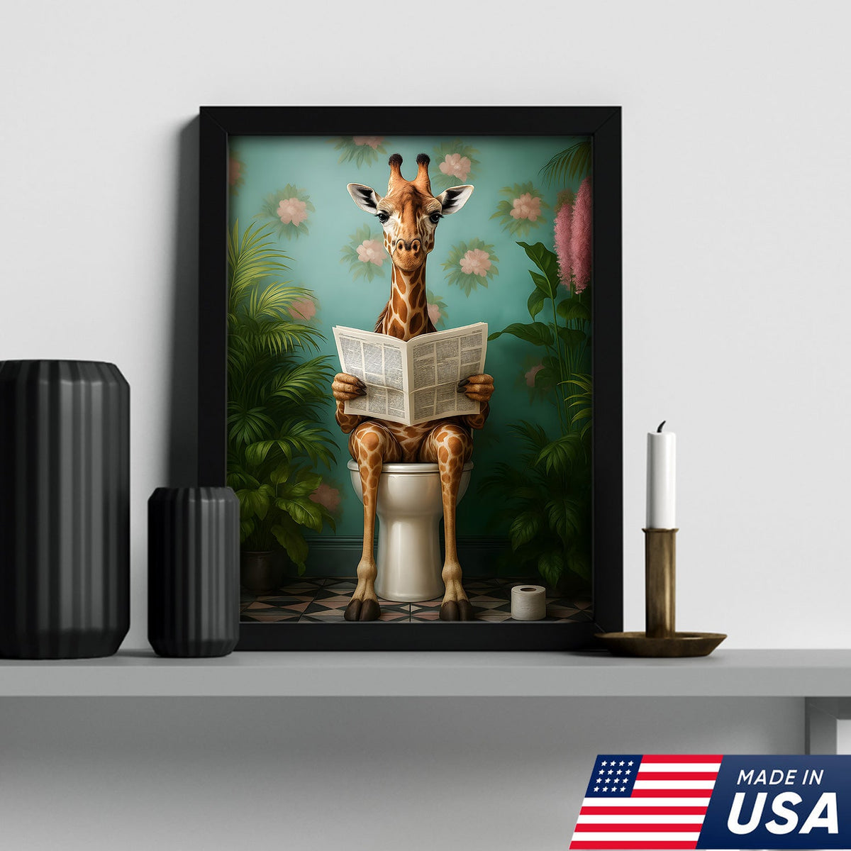 Funny Giraffe Bathroom Canvas Wall Art, Whimsical Animal Reading Newspaper Print