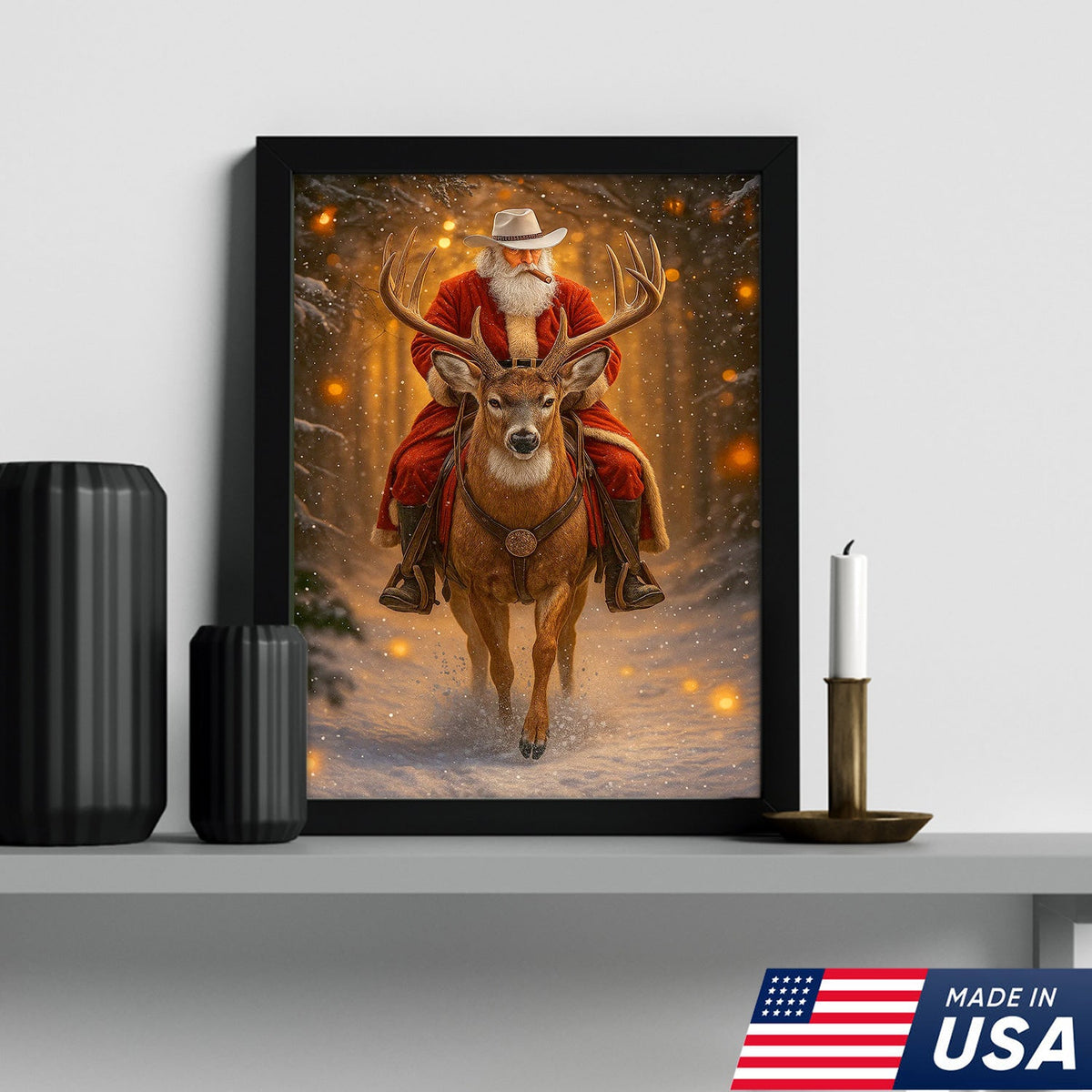 Cowboy Santa Riding Deer Canvas, Western Christmas Wall Art Decor