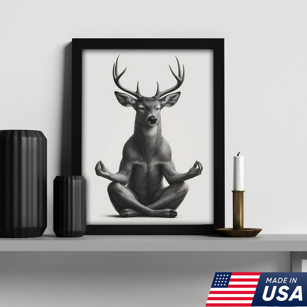 Yoga Deer Canvas Wall Art, Meditating Buck Minimalist Black and White Print, Peaceful Wildlife Zen Decor