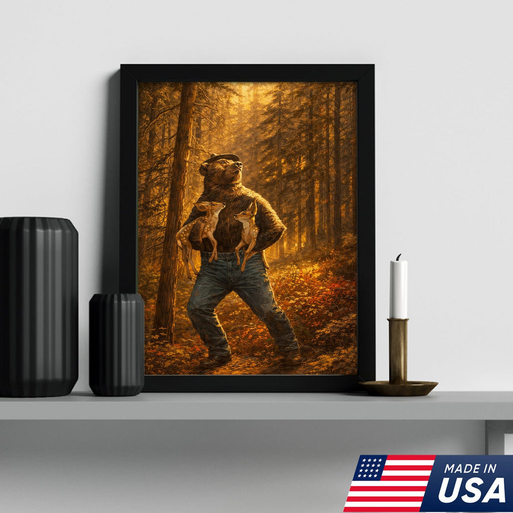 Protector of the Wild Canvas Wall Art – Bear Holding Fawns Forest Scene Print