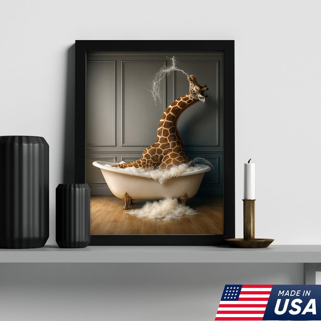 Funny Giraffe Bubble Bath Wall Art Canvas, Animals in Bathtub Kids Bathroom Decor