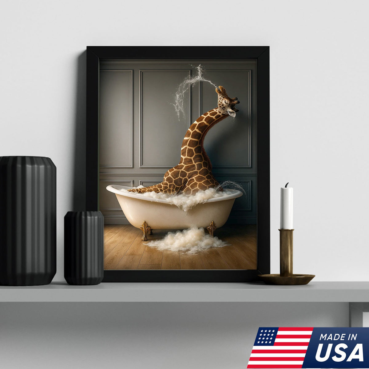 Funny Giraffe Bubble Bath Wall Art Canvas, Animals in Bathtub Kids Bathroom Decor